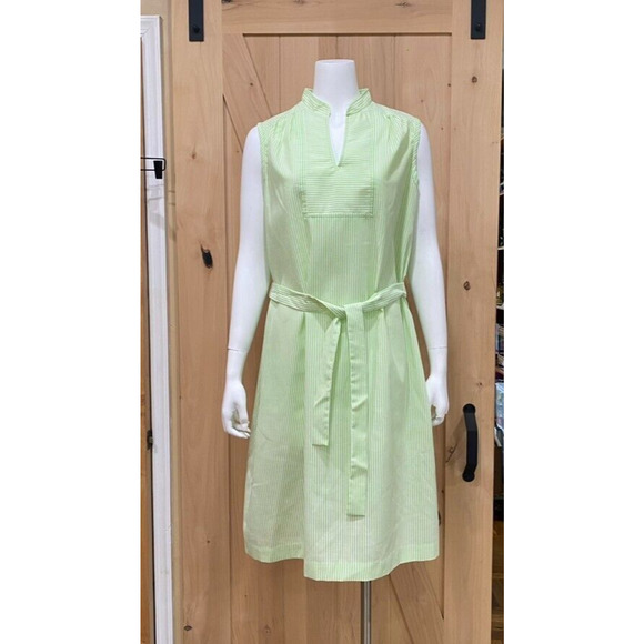 Vintage Seersucker Dress Green White Stripe Belted Sleeveless 18 1/2 - Picture 2 of 12